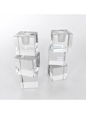 Pair Baccarat Intangible Cubed Crystal Taper Candleholders Arik Levy France 6"